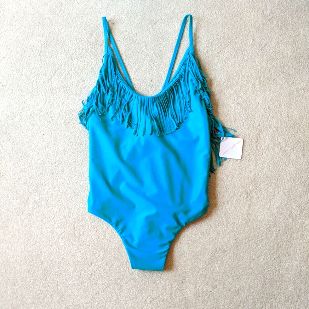Vanilla/Beach blue fringe swimsuit NWT size large